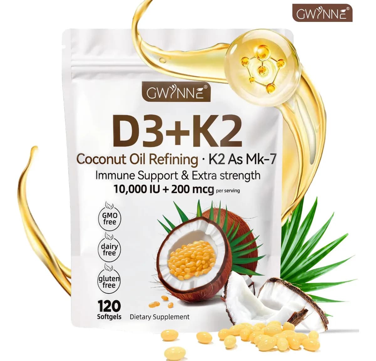 Gwynne Vitamina D3 10.000ui + K2 Mk-7 200mcg,120cápsulas 2 En 1 Aceite De Coco Vírgenapoyo Óseo,inmunológico Y Cardíaco