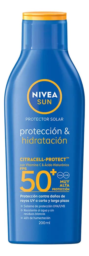 Protector Solar Corporal NIVEA SUN Protección E Hidratación Fps50+ 200Ml Con Vitamina C Y Ácido Hialurónico, Bloqueador Solar