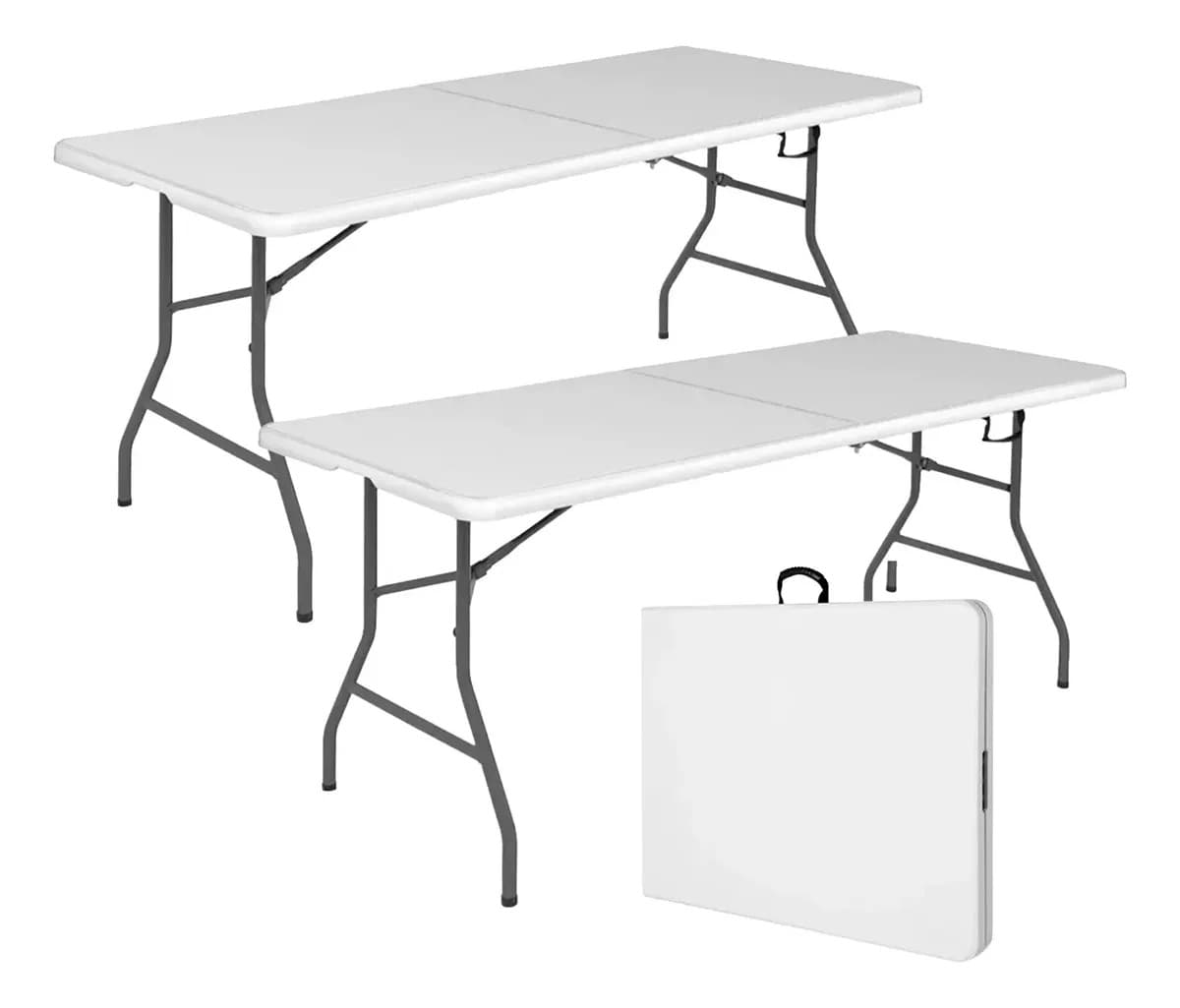 Set De 2 Mesas Cuory Mesa Plegable 1.80 Cm Exterior Jardin Tipo Portafolio Plástico Color Blanco