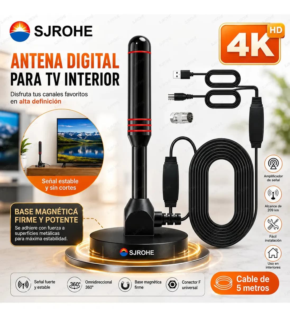 Sjrohe Antena Para Tv Digital Abierta 8k 4k 1080p Apto Para Uso En Interiores Y Exteriores Cable De Conexión De 5 Metros Amplificador De Señal De Tv Alcance De Recepción 209 Kilómetros Color Negro