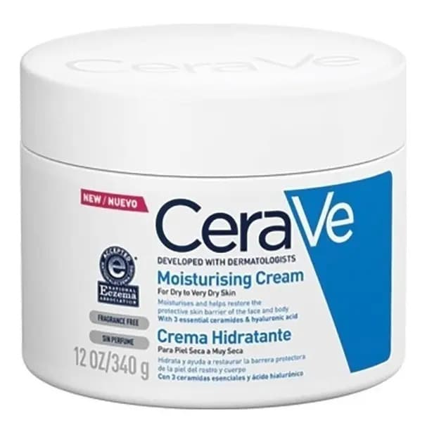 Crema para cuerpo y manos CeraVe Crema Hidratante en pote 340mL 12 oz es un humectante para el cuerpo y el rostro para pieles normales a secas que ayuda a que la piel quede suave, tersa y saludable.