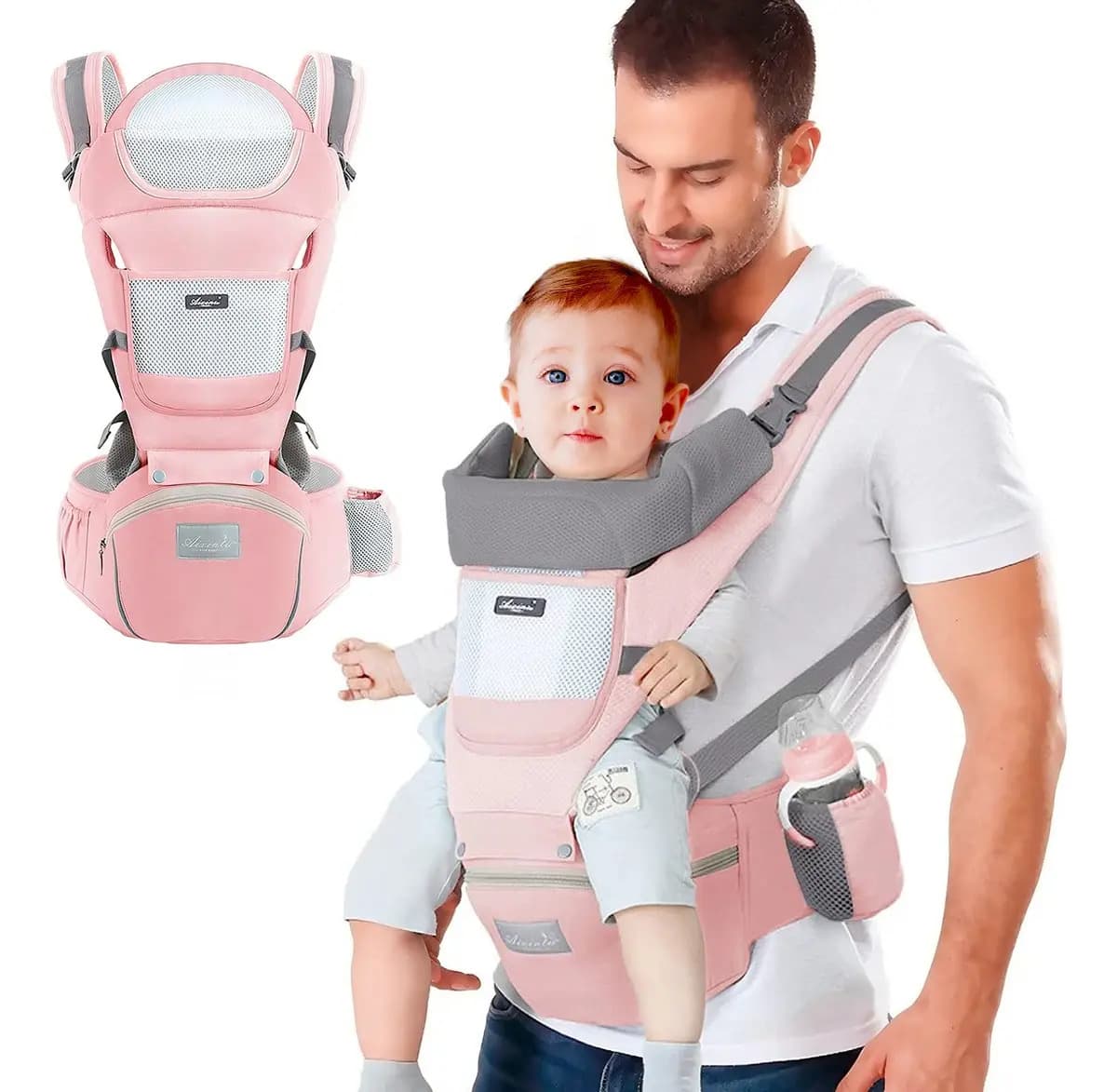 Cangurera Portabebé Raganet Mochila Multifuncional Con Asiento Bebé Color Rosa