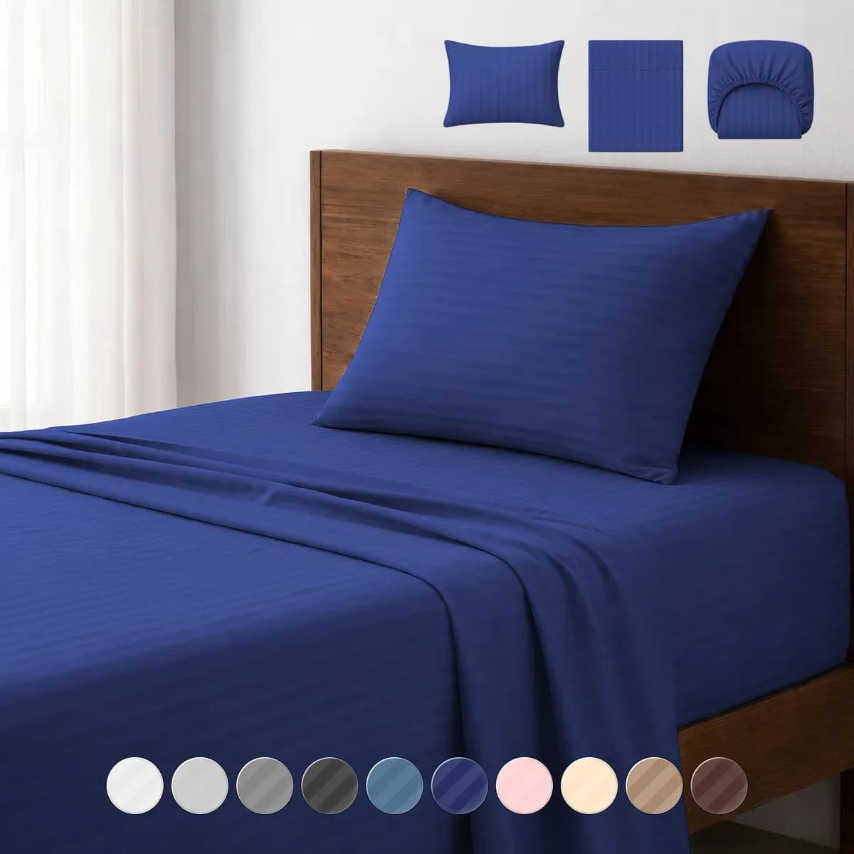 Juego De Sábanas Individual 3000 Hilos Suave Diseño Rayado 3 Piezas Blick Color Azul Marino