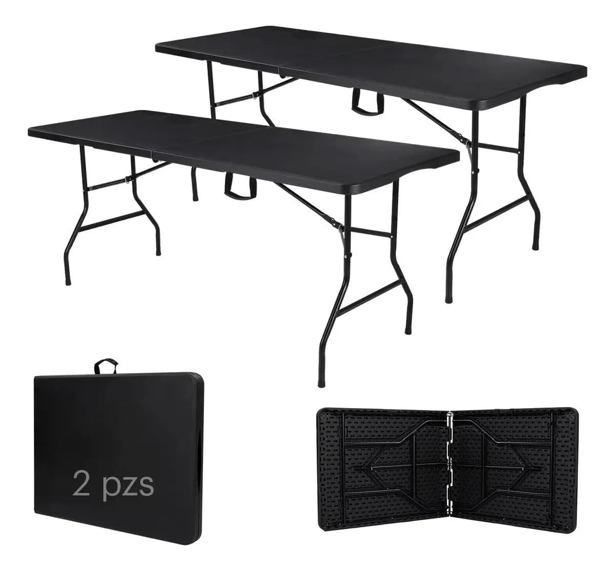 2 Mesas Plegables Plástico Tipo Portafolio 1.80m Jardín Negro