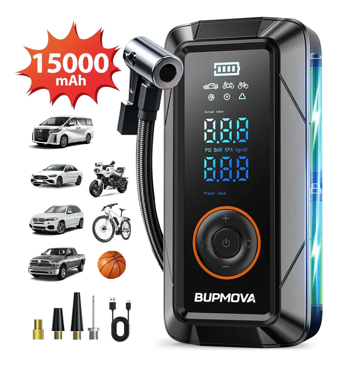 Compresor De Aire Eléctrica Inalámbrico 150psi, Bupmova Bomba Inflador De Llantas, Power Bank Recargable Portátil, Inflar Auto 5 Modos Con Led Luz Y Pantalla Para Auto, Motocicleta, Neumaticos