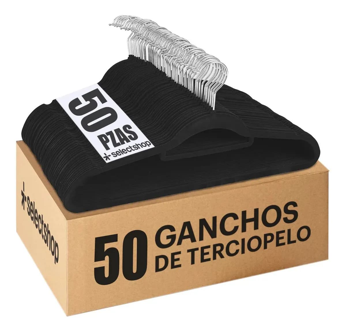 Set 50 Ganchos HG16C1 Ligero Resistentes Perchas De Terciopelo Antideslizantes Color Negro SelectShop