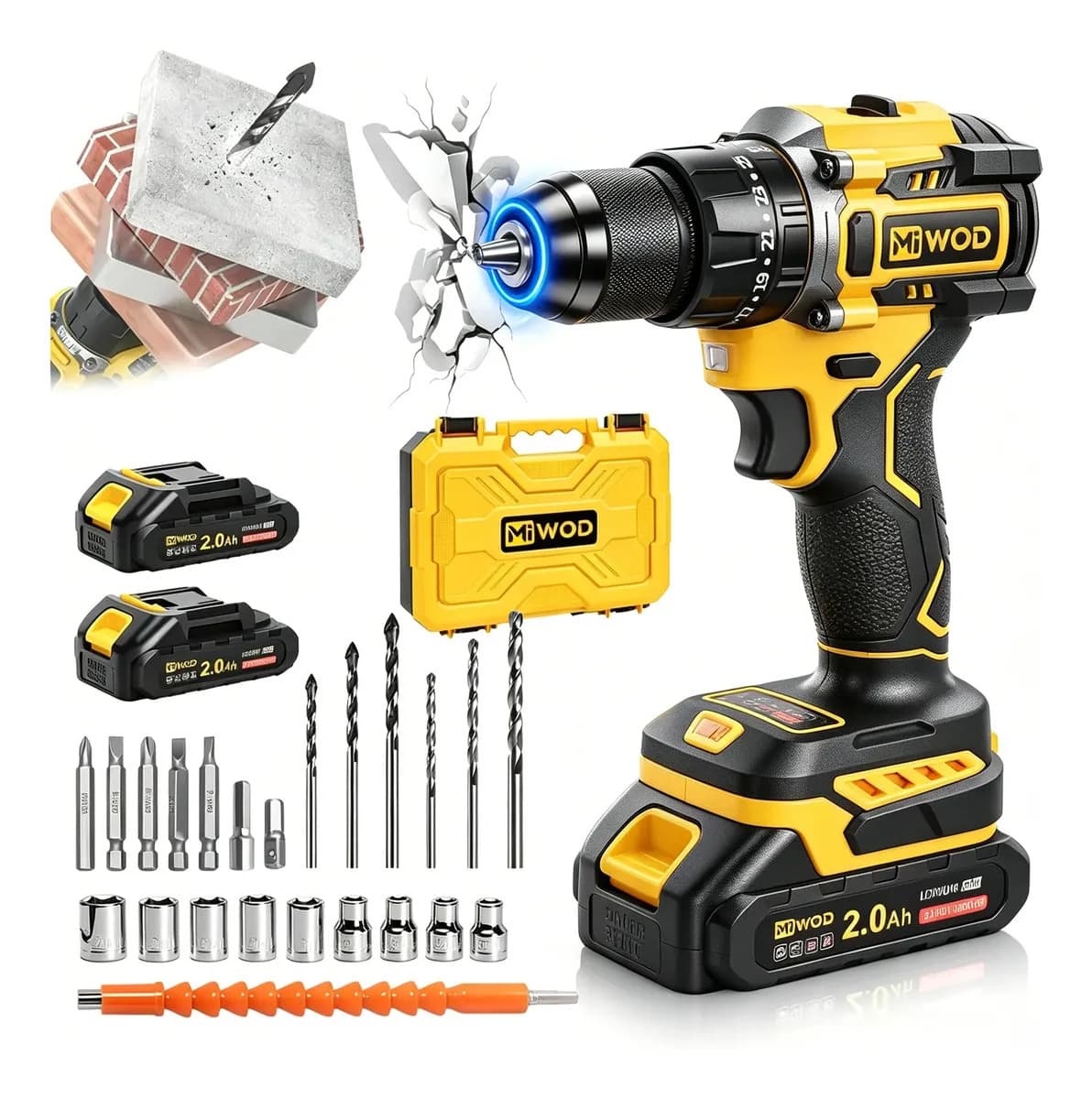 Taladro Atornillador Inalámbrico Sin Escobillas 21V Miwod con 2 Baterías 2.0Ah, Kit de Brocas y Puntas, Maletín Incluido