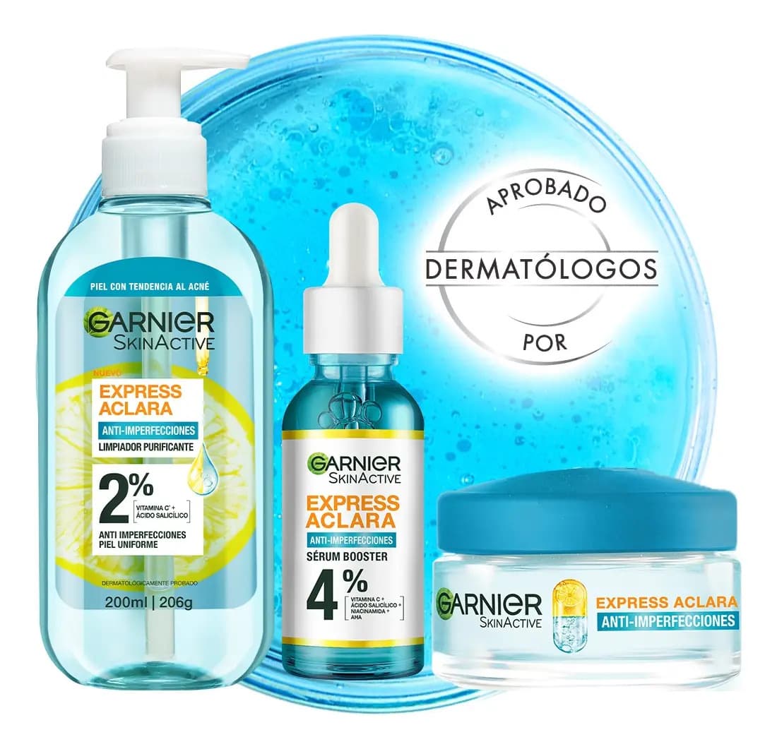 Kit Anti Imperfecciones Express Aclara Garnier: Limpiador Facial + Sérum Facial + Crema Hidratante Matificante