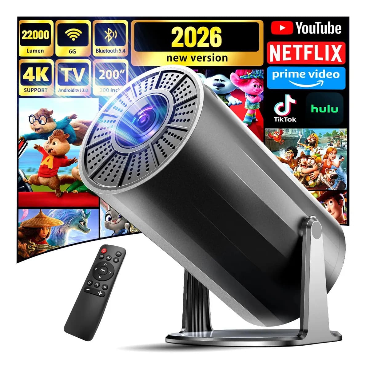 Proyector Profesional 22000 Lúmenes 4k Con Android 13 Tv Wifi6 1080p Beaowink, Proyector Portátil Ángulo Ajustable De 270°con Bluetooth 5.4, Wifi 5g / 2.4g/6, Hdmi, Usb Y Sonido Con App, Android Ios