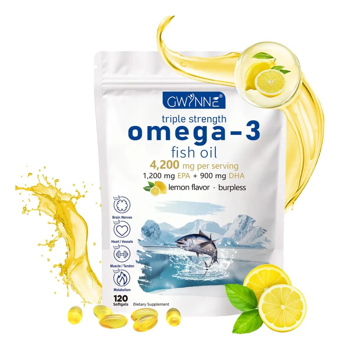 Gwynne Omega 3 Premium 4200mg,bacalao De Aguas Profundas Del Ártico Noruego,que Contienen 1200mg Epa Y 900mg Dha Suplementos Alimentarios Para Apoyar La Salud Física De Mujere Y Hombre 120 Cápsulas