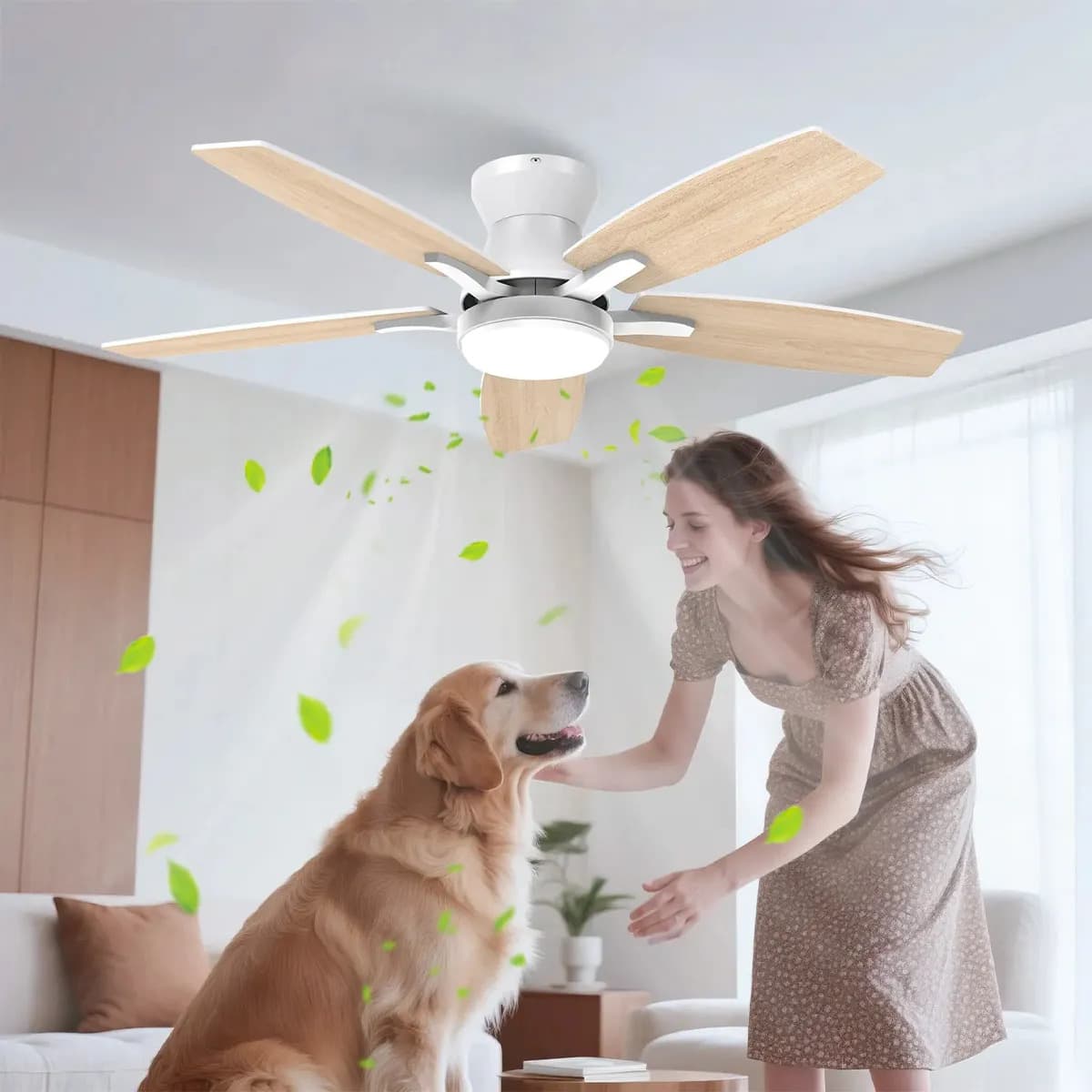 Ventilador de Techo Ventlanto Moderno de 42" con Luz LED y Control Remoto, Ventilador Bajo Perfil Con 5 Aspas De Doble Acabado, Motor Dc Silencioso Y Reversible, 3cct+6 Velocidades Para Interior/exter