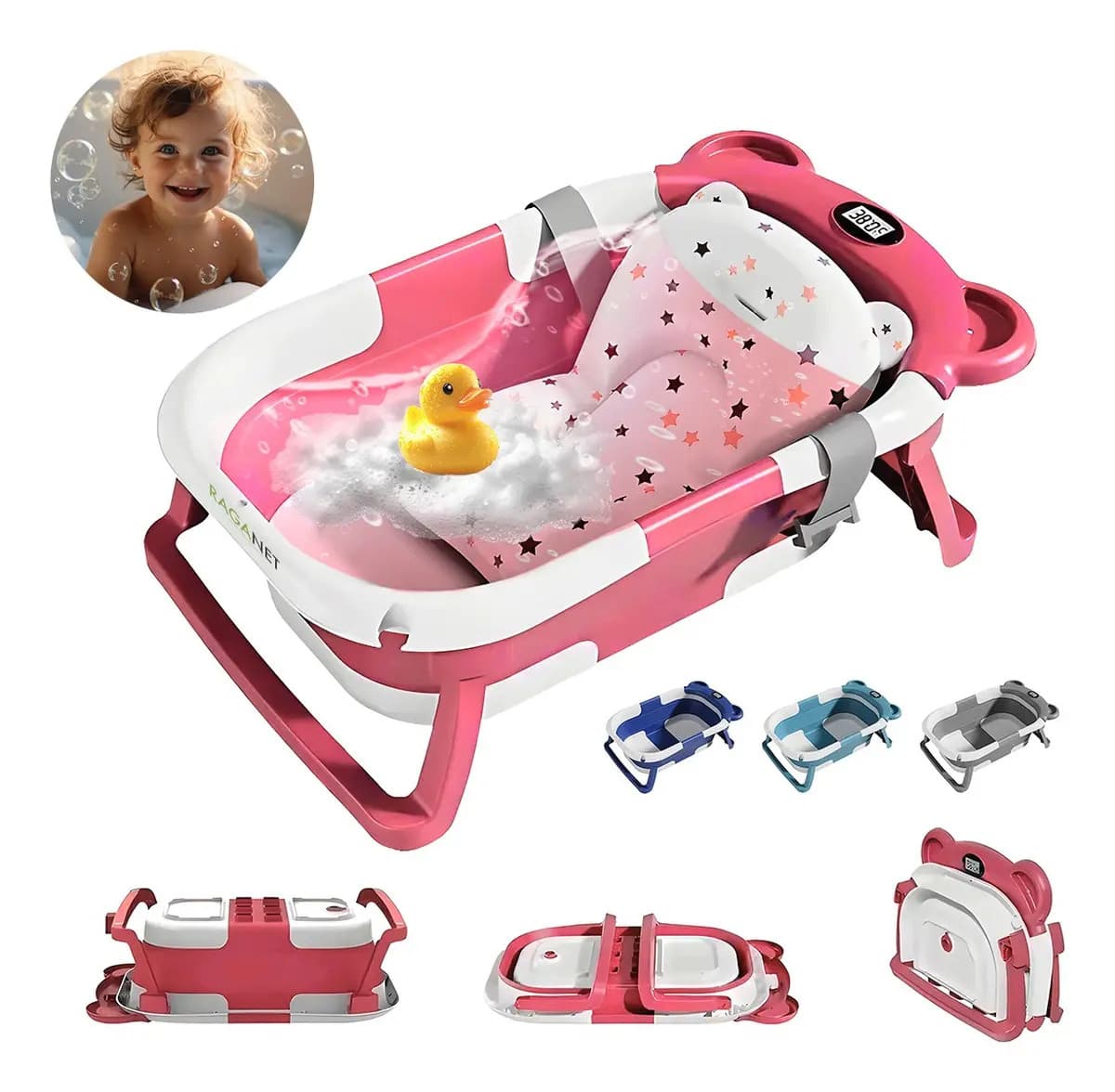 Bañera Tina Baño Bebe Plegable Portátil Con Cojín Termómetro Color Rosa