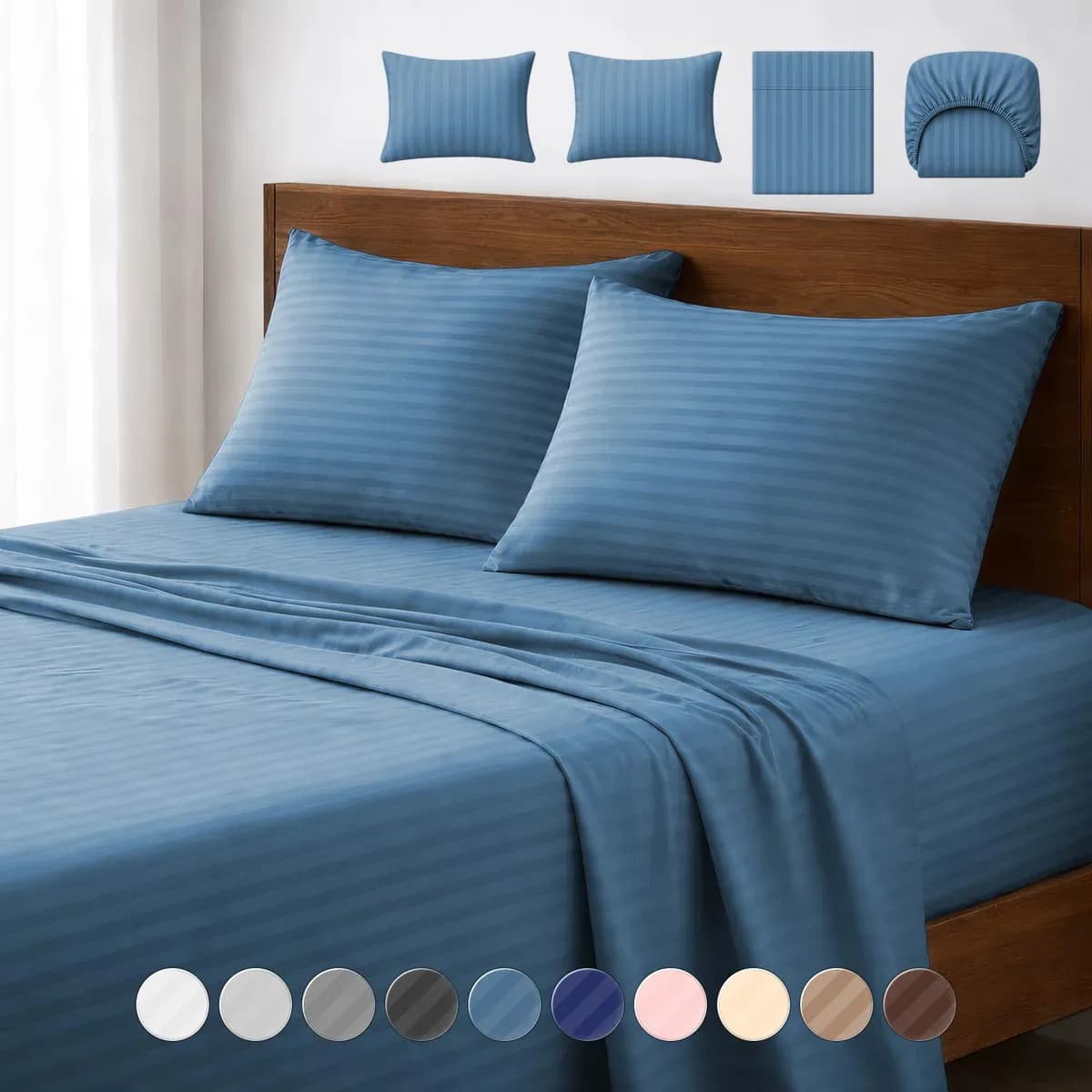 Juego de Sábanas Matrimonial 3000 Hilos Suave Diseño Rayado 4 Piezas Blick Color Azul Mezclilla