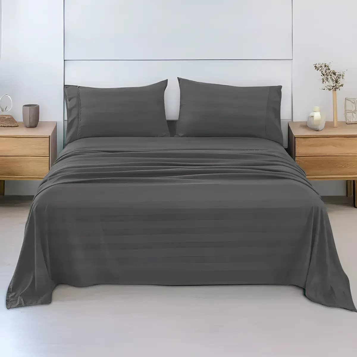 Juego De Sábanas Matrimonial 3000 Hilos Egipcian Premium Color Gris Oscuro Diseño De La Tela Rayas