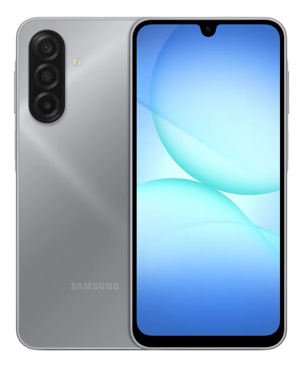 Samsung Galaxy A17 4g, pantalla de 6.7 pulgadas, almacenamiento de 128 GB y 6 GB de RAM, cámara de 50 megapíxeles, batería de 5000 mah, color gris.