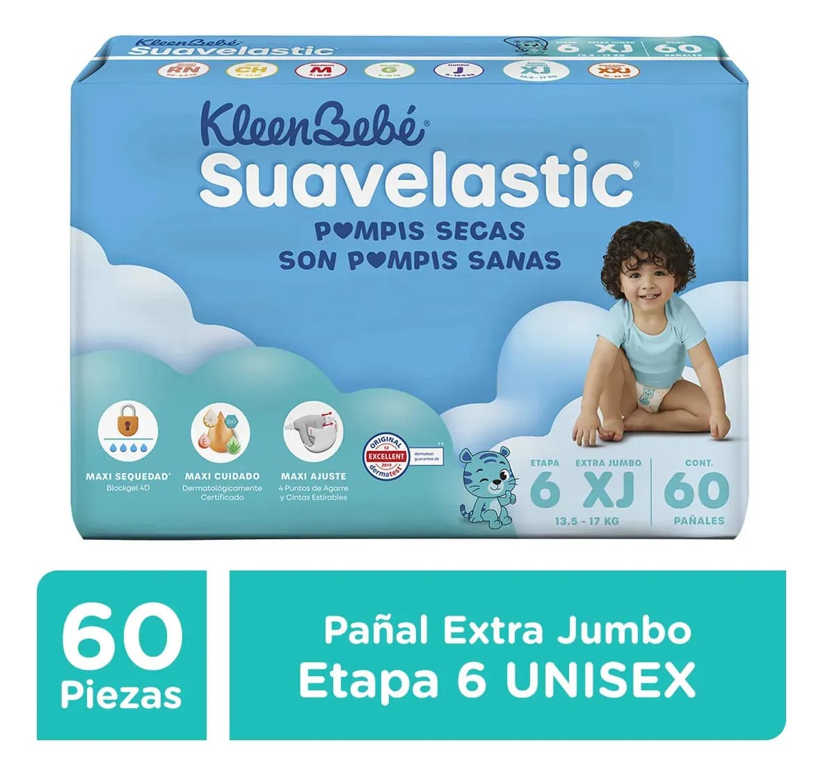 Pañales KleenBebé Suavelastic Etapa 6 Unisex 60 Piezas