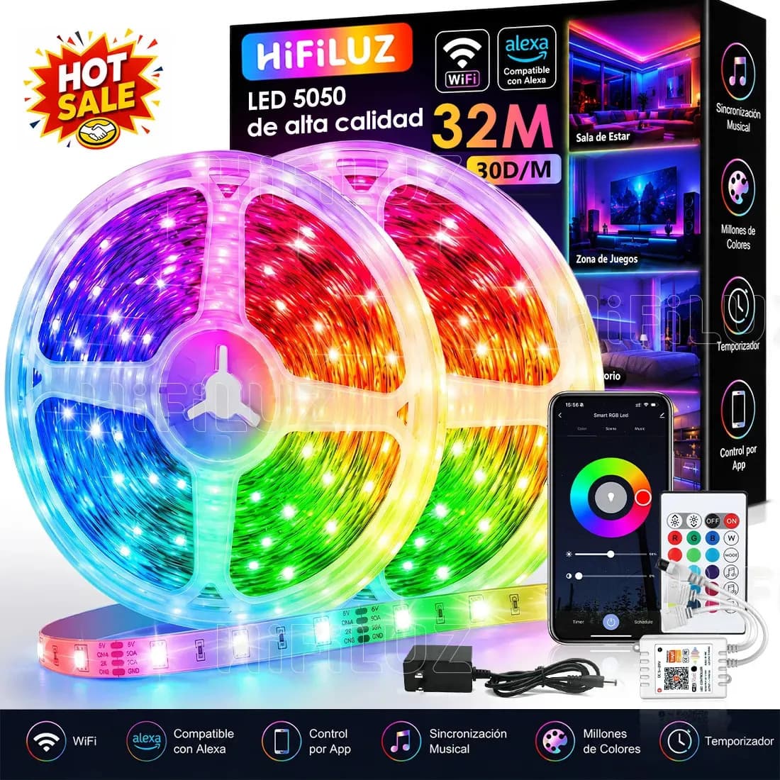 HIFILUZ Tiras LED RGB WiFi 32M 5050 30D/M para Cuarto y TV,Alexa y Google Home,Control Inteligente por APP,Sincronización con Música,16 Millones de Colores,Luces LED Decorativas para Habitación