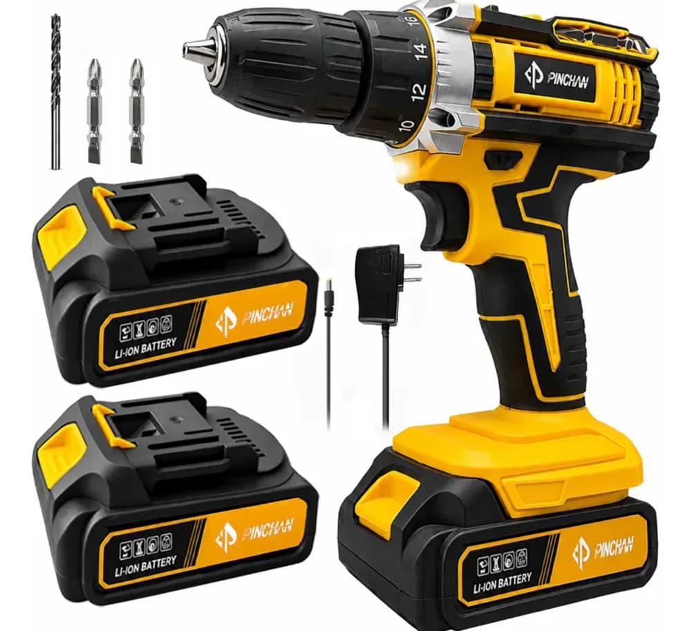 Taladro Destornillador Electrico Inalambrico Con 2 Baterias Amarillo Pinchan